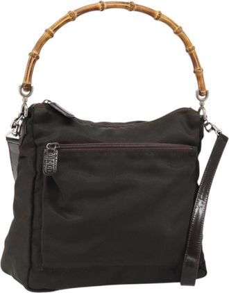 Gucci Vintage Bamboo Handle Bag Nylon Brown Nylon Handbag (Pre-Owned)