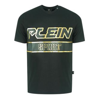 Plein Sport Mens Gold Block Logo Black T-Shirt Cotton - Size Small
