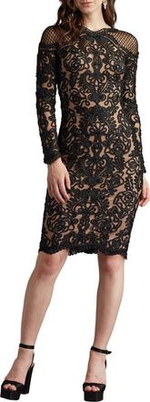 Tadashi Shoji Scroll Lace Long Sleeve Cocktail Dress in Black/Nude at Nordstrom, Size 14