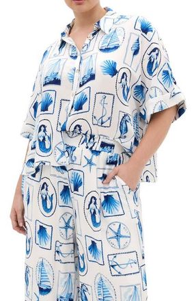 City Chic Liana Postcard Print Button-Up Shirt in Amalfi Postcard at Nordstrom, Size Xxxs