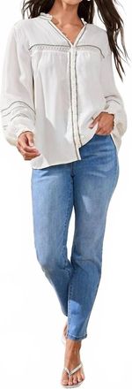 Tribal Boho Button Front Novelty Blouse In White
