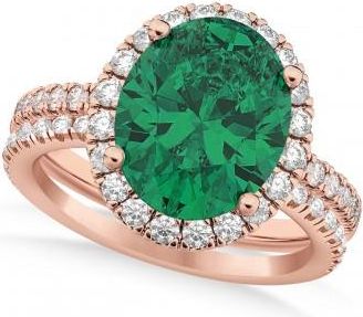Allurez Emerald & Diamonds Oval-Cut Halo Bridal Set 14K Rose Gold (3.38ct)