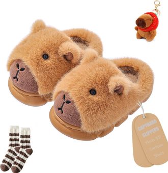 Generic Capybara Slippers, Capybara Slippers for Men Women, Plush Cartoon Shoes Warm Non-slip Soft and Comfortable (Khaki-A, One Size, Adult, Women, 7, Numeri