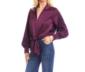 Karen Kane Long Sleeve Satin Tie-Front Top In Eggplant
