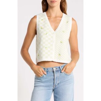 All in Favor Lemon Embroidered Checkered Sweater Vest in Cream Sage at Nordstrom, Size X-Small