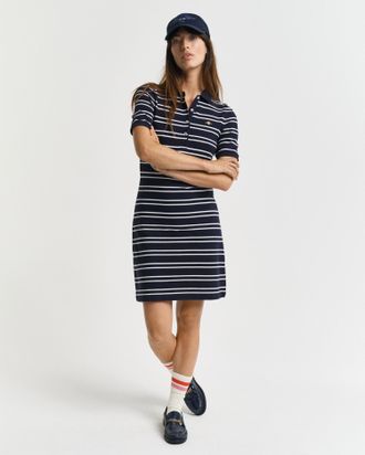GANT Polokleid GANT STRIPE SHIELD SS PIQUE POLO DRESS, Damen, Gr. XL, N-Gr, blau (evening blau), Piqu&eacute;, Obermaterial: 100% Baumwolle, slim fit ca. Mitte Kn