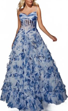 Alyce Paris Long Printed Ruffle Dress In Blue Print