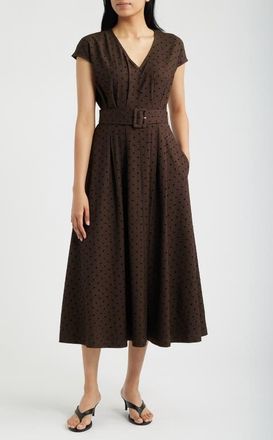ZOE AND CLAIRE Dot Belted Midi Dress in Brown at Nordstrom, Size X-Large