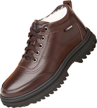 Generic Mens Flat Heel Warm Winter Boots Lace Up Office Dress Shoes Round Toe PU Leather Short Boots,Brown,7.5 UK