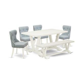 East West Furniture 6-Piece Modern Dining Table Set- 4 Mid Century Dining Chairs with Baby Blue Linen Fabric Seat and Button Tufted Chair Back