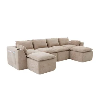 Urban Meuble Sof&aacute; panor&aacute;mico modular de 4 plazas beige de tela de chenille