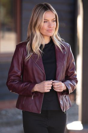 Ashwood Leather Womens Vento Real Biker Jacket - Burgundy - Size 16 UK