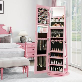Costway Costway 360&deg; Rotating Jewelry Armoire Standing Jewelry & Makeup Cabinet in Pink