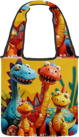 Generic Cute Dinosaur Paradise Reversible Canvas Shoulder Tote - Double-Sided Print, 12oz Cotton, 27cm Drop, Fold-Flat Bag for Travel, Shopping, Street Outing