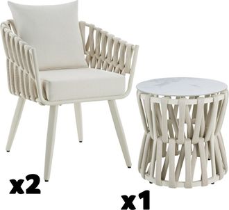 TecTake Conjunto de jard&iacute;n aluminio, mesa y 2 sillas, dise&ntilde;o de cuerda, beige