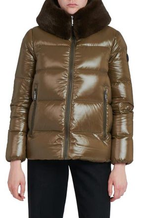 The Recycled Planet Water Resistant Nylon Down Puffer Coat with Faux Fur Trim in Olive at Nordstrom, Size X-Small