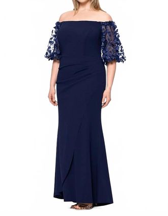 Xscape Long Illusion Sleeve Off The Shoulder Dress Maxi Dress In Navy