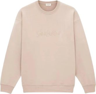 Saint Laurent Hoodies & sweatvesten, Dames, Roze, S, Katoen, Logo Geborduurd Crewneck Sweatshirt