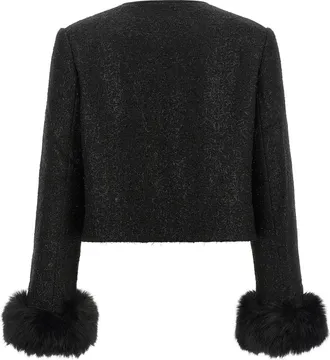 Self Portrait Boucl&eacute; Wool Blend with Fur Cuffs Jacket - Black