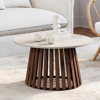 IDMarket Mesa De Centro Redonda Carmen De 70 Cm Con Patas De Madera Efecto Nogal Y Tablero De Travertino