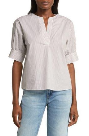 Frame Denim Stripe Split Neck Organic Cotton Popover Top in Mocha/White at Nordstrom Rack, Size X-Small
