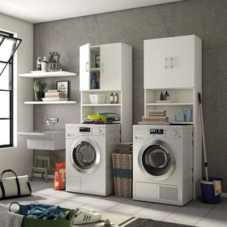 Terraneo Terraneo - Mueble Multiusos Encima De La Lavadora Con Dos Estantes Y Dos Puertas Blancas