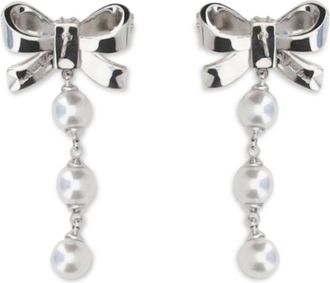 Self Portrait Womens Crystal Bow And Pearl Drop Earrings Silver Brass
