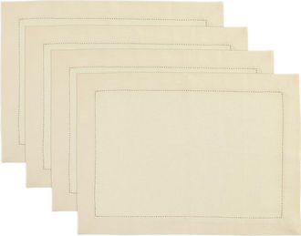 Solino Home Linen Placemats Set of 4, 14 x 19 Inch for Dining Table, Holiday and Everyday Table Decor - Medium Weight Hemstitch in Creamy Ivory at