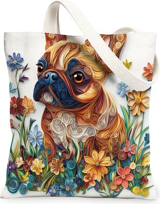Generic Paper Quilling French Bulldog Dog Canvas Tote Bag for Shopping 13x15, Fun Wildflower Puppy Reusable Grocery Print Pattern Bag for Women, Pet Beach Aes