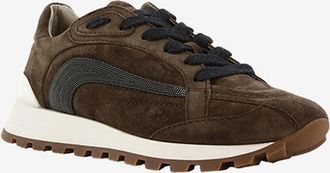 Brunello Cucinelli Niedrige Wildleder-Schn&uuml;rsneakers mit Monile-Stickerei