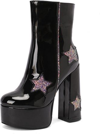 Generic Womens Patent Leather Platform Ankle Boots Chunky Block Heels Glitter Star Embellishments Side Zipper Closure Bold Party Nightclub Performance Fashion