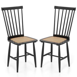 Costway Costway 2PCS Windsor Dining Chair Wooden Chairs w/Spindle Back &PE Rattan Seat in Black