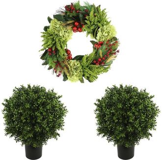 Creative Displays Inc. Classic Holiday Set With 22In Christmas Wreath & 2 Uv Boxwood Drop-Ins