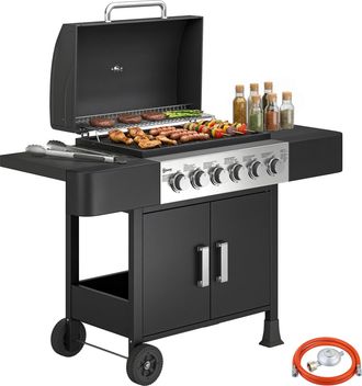 OUTSUNNY Barbacoa De Gas Bbq Gas Con 6 Quemadores 15 Kw Con Term&oacute;metro Tapa 2 Mesas Laterales Armario Rejilla Parrilla Recogedor Grasa Y 2 Ruedas
