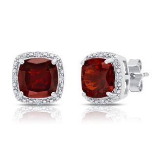 MAX + STONE Sterling Silver 7mm Cushion Cut Gemstone Stud Earrings with Diamond Accent Halo