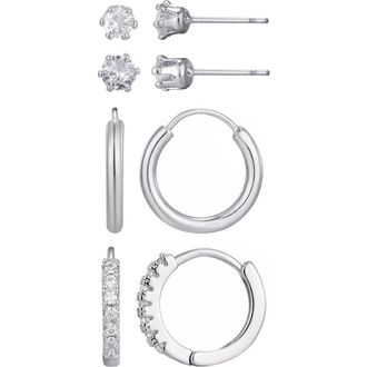 Adornia Set of 3 Cubic Zirconia Stud & Hoop Earrings in Silver at Nordstrom Rack