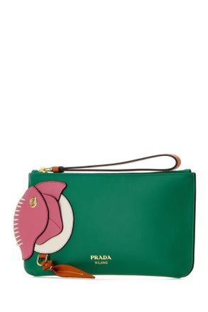 Prada Womens Green Leather Pouch Begonia+mango Portafogli Wallet