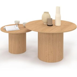 IDMarket Set di 2 tavolini tondi JULIETTE 50/70 con doghe in legno, colore rovere