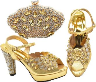 Generic Womens Peep-Toe Pumps Luxury Rhinestone Hollow Out Design Bag and Shoes Matching Set for Bride Wedding Gold