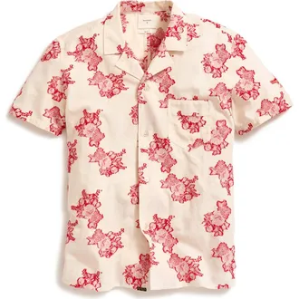 Billy Reid Floral Jacquard Cotton Blend Madras Camp Shirt in Red at Nordstrom, Size Medium