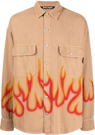 Palm Angels flame-print long-sleeve shirt - men - Polyester/Cotton - S - Brown