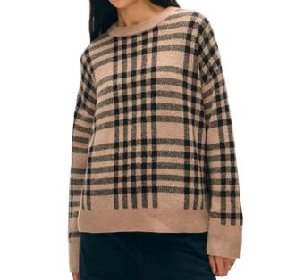 White + Warren Cashmere Plaid Crewneck Sweater In Camel/black