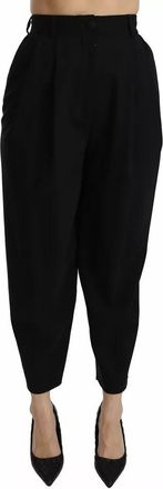 Dolce & Gabbana Black Wool High Waist Pleat Front Cropped Womens Pants