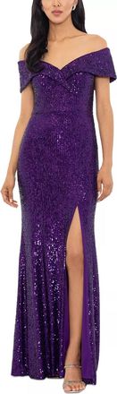 Xscape Off-The-Shoulder Side-Slit Sequin Gown In Purple
