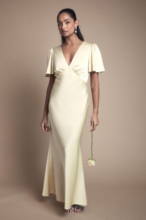 Oasis Womens Deep V Fluted Sleeve Maxi Bridesmaid Dress - Yellow - Size 10 UK