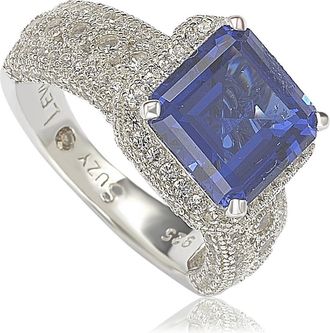 Suzy Levian Sterling Silver Emerald-Cut Sapphire Diamond Accent Ring - 0.02 ctw in Blue at Nordstrom Rack, Size 5.5