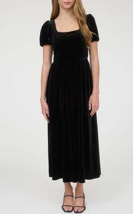 August Sky Puff Sleeve Velvet Fit & Flare Midi Dress in Black at Nordstrom Rack, Size Medium