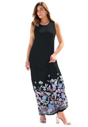 Roaman's Plus Size Sleeveless Crew Neck Maxi Dress in Black Blue Border at Nordstrom, Size 20