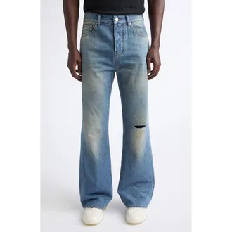 Amiri Slash Ripped Knee Bootcut Jeans in Desert Sky at Nordstrom, Size 29