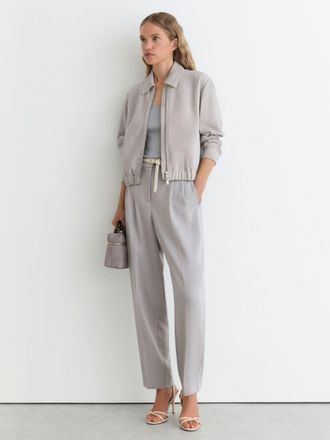 Reiss Light Grey Lottie Petite Cropped Bomber Jacket, 14